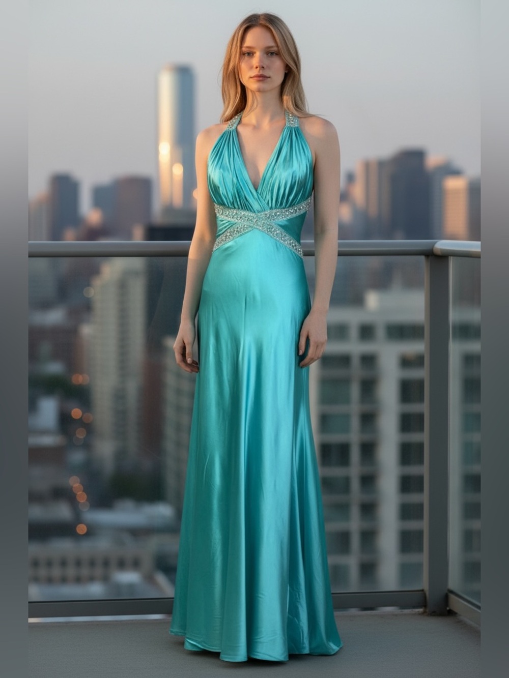 Badgley Mischka Aqua Sleeveless Y2K Stretch Prom Wedding Gown Formal Dress Sz 0 - Picture 1 of 15